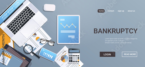 downward chart economic arrow falling down financial crisis bankruptcy concept digital devices on workplace desk top angle view horizontal copy space vector illustration