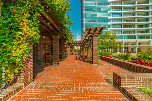 Indianapolis downtown park plaza with capitol building in Indiana. photo