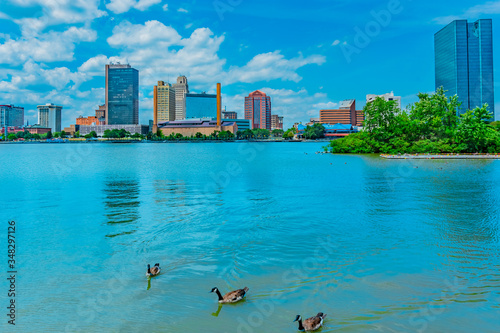 Skyscrapers of Toledo Skyline and waterfront with the Maumee River, Ohio photo