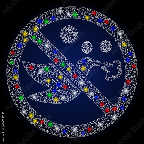 Colorful mesh forbidden bird flu with sparkle effect. Abstract illuminated vector model of forbidden bird flu icon on a dark blue gradiented background.