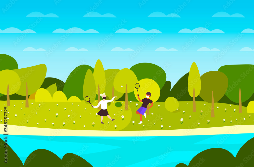 Naklejka premium young couple playing badminton guy girl wearing medical masks to prevent coronavirus pandemic covid-19 quarantine concept landscape background horizontal full length vector illustration