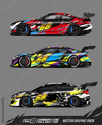 Sport car wrap decal graphic design set. Abstract stripe racing background for wrap cargo van, race car, pickup truck, adventure vehicle. Eps 10