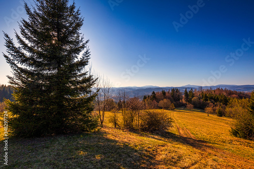 Mountainous landscape with forests at sunset. Kysuce region in the north of Slovakia, Europe.
