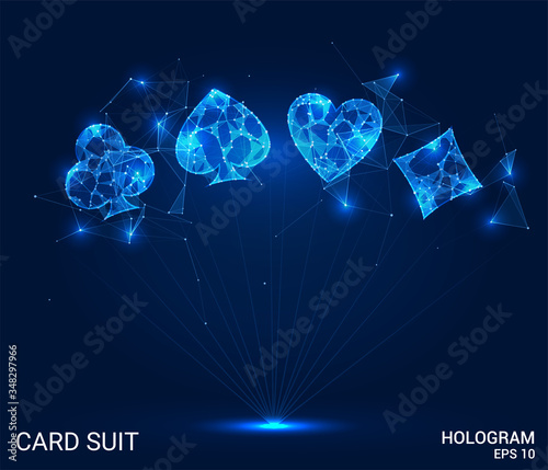 Hologram card suits. Card suits of polygons, triangles, points, and lines. Card suits are low-poly compound structure. The technology concept.