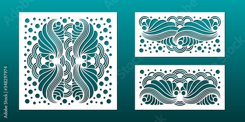 Laser cut template set, abstract geometric pattern. Panel decor for room interior design. Wood, glass, metal cutting. Vector illustration