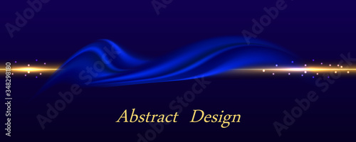 Blue satin wave. Abstract background, luxury border for banner design. Deep blue wavy swirl and glowing golden line. Vector illustration