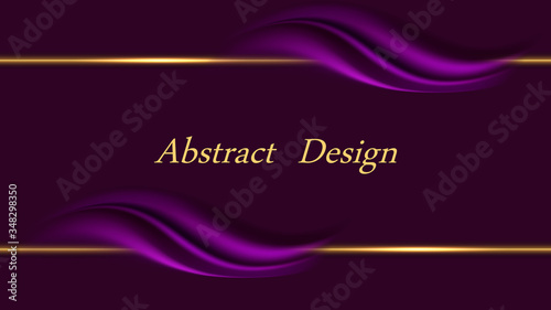 Purple luxurious background for banner or poster. Frame border with golden lines and smooth silk wavy swirls. Abstract vector illustration