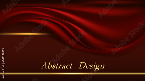 Red velvet luxury background for banner or poster. Golden border lines and smooth red fabric curtain. Abstract vector illustration
