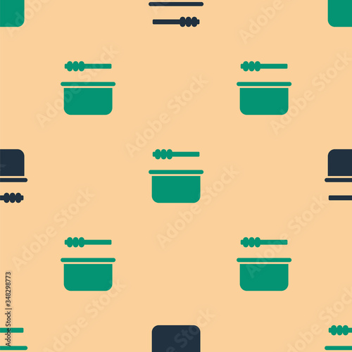 Green and black Sauna bucket and ladle icon isolated seamless pattern on beige background. Vector