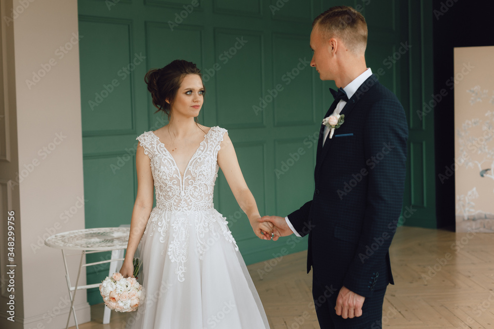 The bride and groom, European appearance. Hold hands, smile and hug. Wedding couple. Waist-high portrait
indoors or photo studio. The bride and groom, European appearance. Hold hands, smile and hug. Wedding couple. Waist-high portrait
indoors or photo studio.