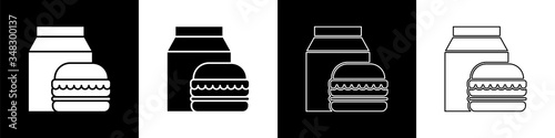 Set Online ordering and burger delivery icon isolated on black and white background. Vector