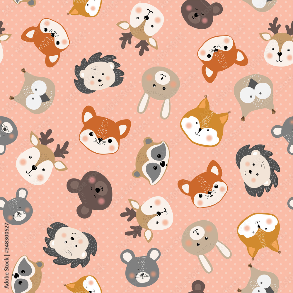 Seamless pattern cute little animals face, baby print on clothes, festive wrapper.Vector illustration