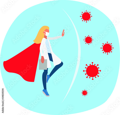 Concept virus protection. Doctor superhero help to protect against virus molecules 