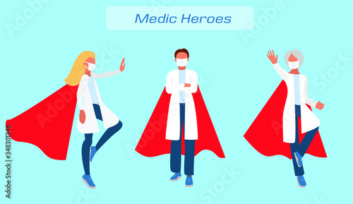 Medic Hero. Set of doctor charachters in superhero unifom and medical mask