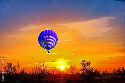 A drawing of blue hot air balloon on the background of red rosy sunset.