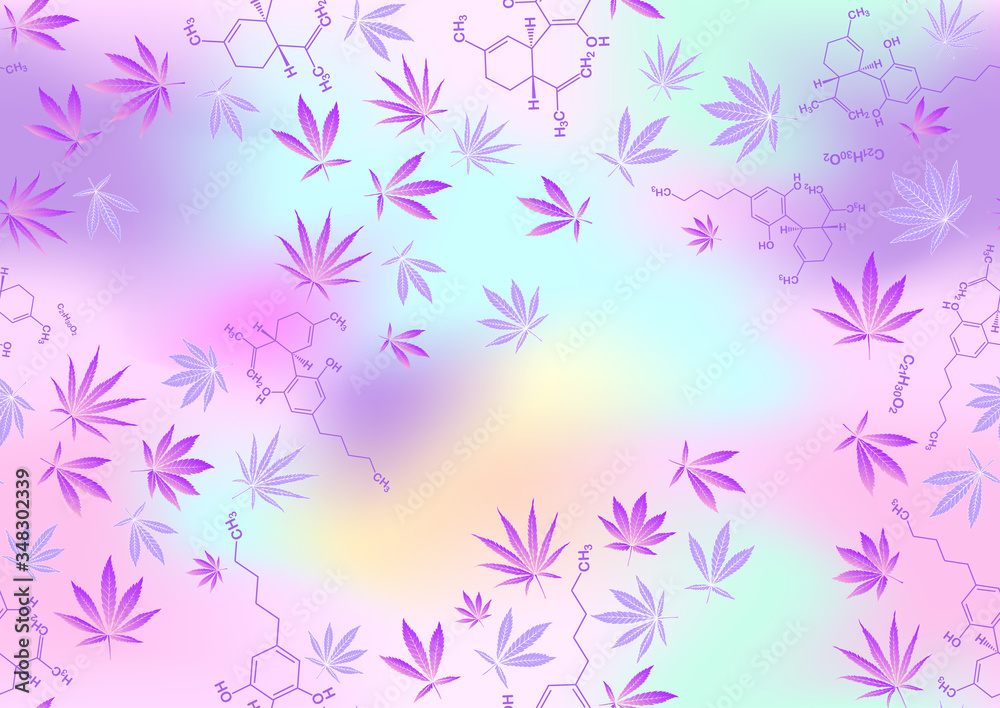 Cannabis leaves and cbd, cannabidiol formula seamless pattern, background. Vector illustration in light ultra violet pastel colors on mesh pink, blue background.