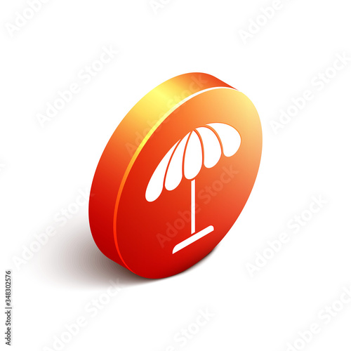 Isometric Sun protective umbrella for beach icon isolated on white background. Large parasol for outdoor space. Beach umbrella. Orange circle button. Vector