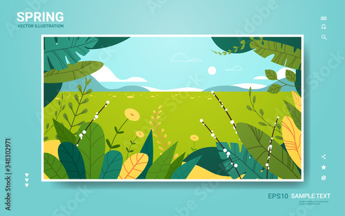 beautiful landscape with flowers and leaves floral spring poster horizontal greeting card copy space vector illustration