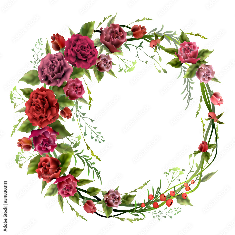 Wreath with red roses. Card template. Vector illustration.