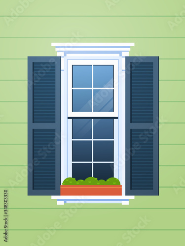 house window with shutters vintage building facade vertical vector illustration
