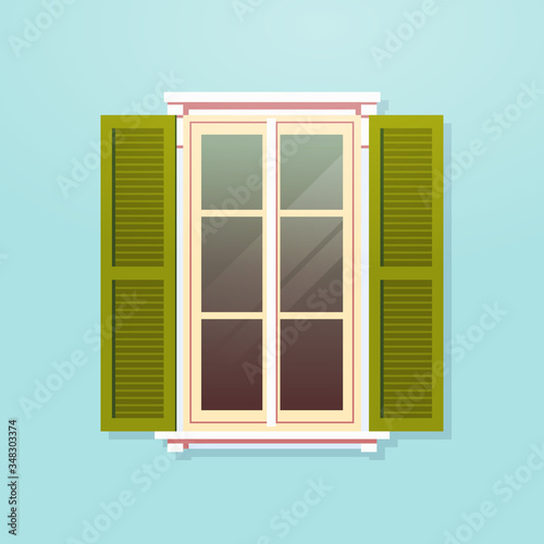 house window with shutters vintage building facade vector illustration