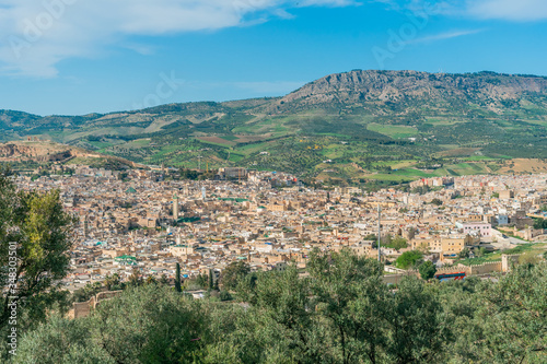 A panoramic view over the old medina of Fez from the southern tower. The mountain Zalagh in the other side.