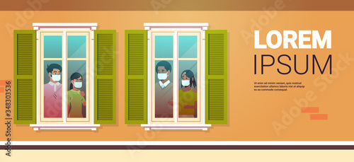 mix race people looking out of apartment stay home self-isolation coronavirus pandemic quarantine concept house facade with windows portrait horizontal copy space vector illustration