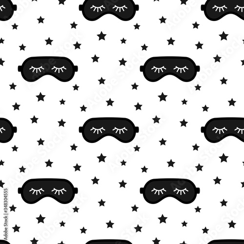 Black sleep mask vector seamless pattern isolated on white background.