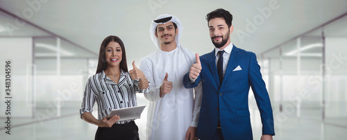 Business Arab leaders with employees group showing thumbs up, happy professional multicultural office team people recommend best corporate service, proud or good career, human resource.
