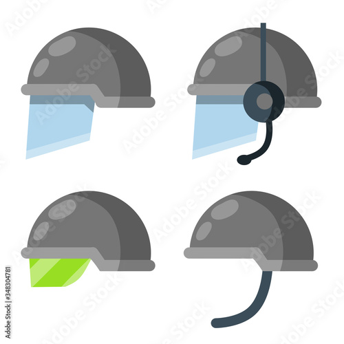 Helmet of soldier of special purpose. Set of SWAT armor and clothing Items. Protection of the human head. Microphone and green night vision goggles. Flat cartoon