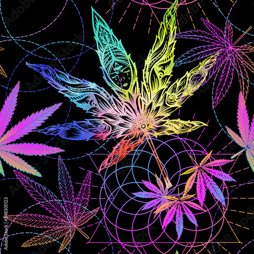 Cannabis leaves seamless pattern, background. Vector illustration in neon, fluorescent colors
