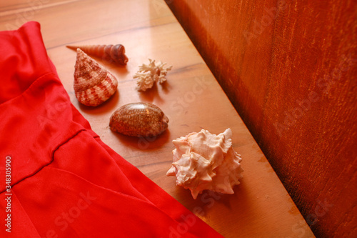 Composition of shoes, a red dress, shells, a mirror, jewelry, and dried flowers on a wooden table.