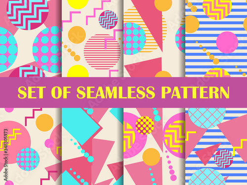 Set of seamless patterns with geometric shapes in the style of Memphis 80s.  Eighties print colorful background for promotional products, wrapping paper and printing. Vector illustration