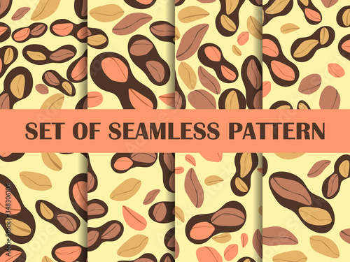 Peanut set of seamless pattern. Roasted peanuts in shell. Background design for printing on wrappers, packaging, fabrics and wallpapers. Vector illustration