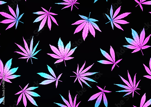 Cannabis leaves seamless pattern, background. Vector illustration in neon, fluorescent colors. Isolated on black background.