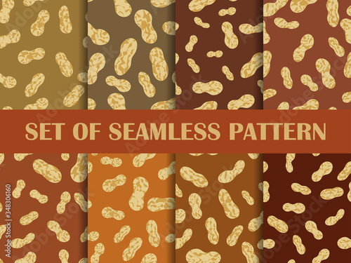 Peanut set of seamless pattern. Roasted peanuts in shell. Background design for printing on wrappers, packaging, fabrics and wallpapers. Vector illustration