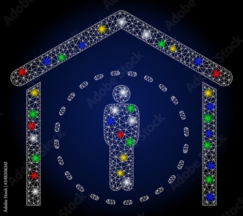 Colorful mesh home quarantine with constellation effect. Abstract illuminated vector model of home quarantine icon on a dark blue gradiented background.