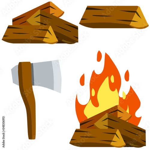 Fire and wood. Tourist camp. Axe for chopping logs. Element of summer activity and Hiking. Brown rustic firewood and campfire. Cartoon flat illustration isolated on white