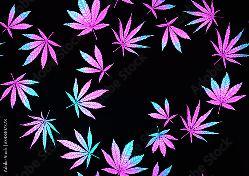 Cannabis leaves seamless pattern, background. Vector illustration in neon, fluorescent colors. Isolated on black background.