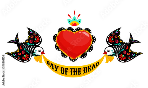 Day of the dead, Dia de los muertos, birds skulls and skeleton decorated with colorful Mexican elements and flowers. Fiesta, Halloween, holiday poster, party flyer. Vector illustration