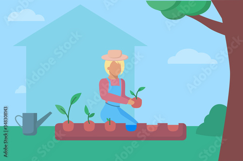 Vector illustration of woman gardener planting outdoor, near country house, summer