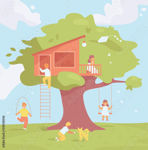 Fototapeta Naklejka Na Ścianę i Meble -  Tree house for children Vector. Cartoon. Isolated art. Flat