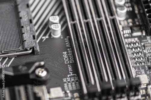 DDR4 RAM. Close-up of empty four Slots for ddr4 RAM, random access memory stick slots with black color. Power to the motherboard. Socket am4.