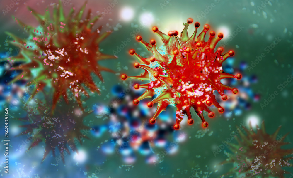 Coronavirus SARS-CoV-2. Covid-19 banner background. Virology and panspermia concept. 3D render illustration. Coronavirus SARS-CoV-2. Covid-19 banner background. Virology and panspermia concept. 3D render illustration.
