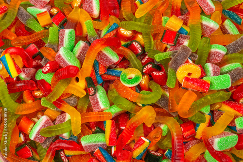 Assorted gummy candies. Top view. Jelly sweets background.