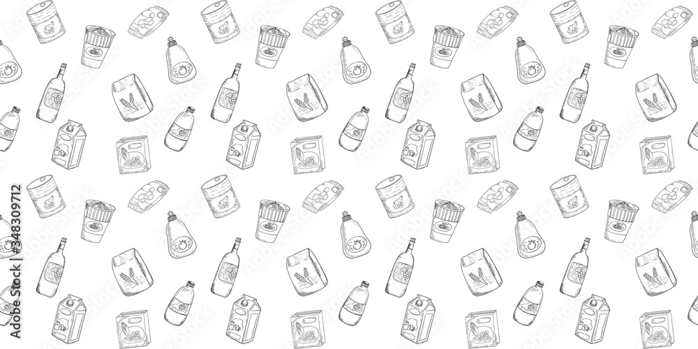 beautiful seamless pattern of grocery items; instant noodle cup, corn flake box, can food, wine bottle, snack, ect. freehand sketch drawing style in black and white color.