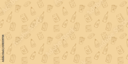 beautiful seamless pattern of grocery store items  instant noodle cup  corn flake box  can food  wine bottle  snack  tomato sauce bottle etc. freehand sketch drawing vintage style in brown tone color.
