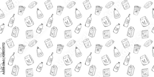 beautiful seamless pattern of grocery items  instant noodle cup, corn flake box, can food, wine bottle, snack, ect. freehand sketch drawing style in black and white color. © Seek and Find