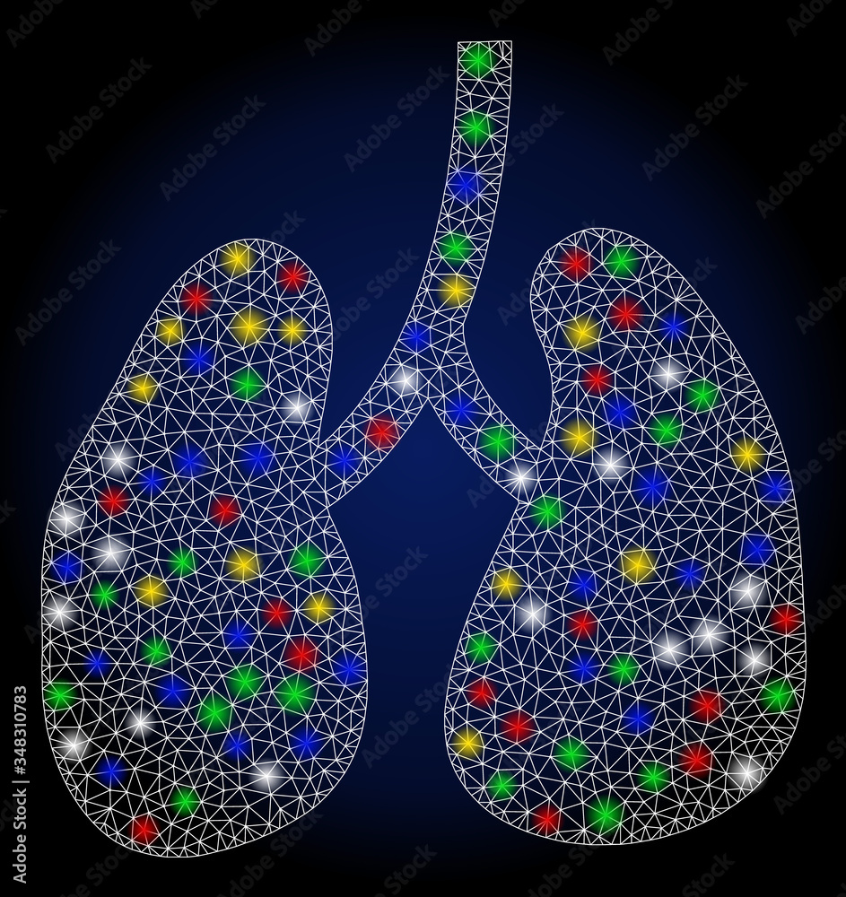 Colorful mesh lungs with glow effect. Abstract illuminated vector model of lungs icon on a dark blue gradiented background. White wire frame triangular mesh lungs. Colorful mesh lungs with glow effect. Abstract illuminated vector model of lungs icon on a dark blue gradiented background. White wire frame triangular mesh lungs.