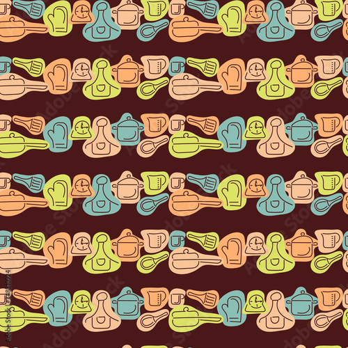 Seamless pattern kitchen utensils. Contour Cutlery and abstract spots. Design of the menu, recipe, poster. Vector illustration